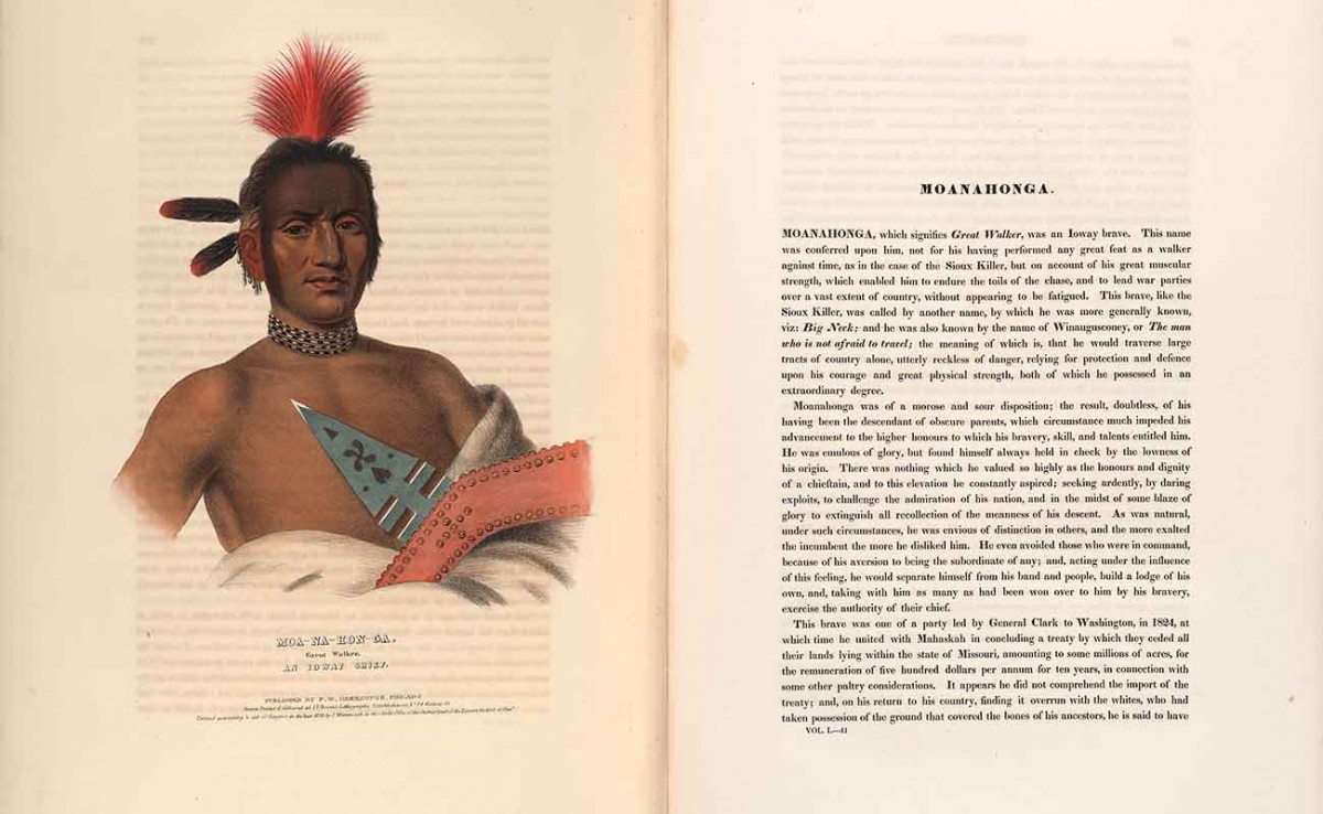 A book layout, on left a full-color illustration of a native American Chief, on right a block of text with the header "Moanahonga."