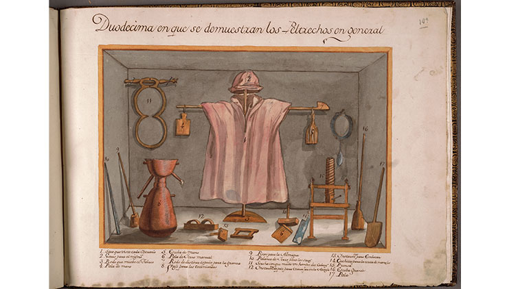 Rose-colored hat and robe with tobacco factory tools. Each tool is labeled at the bottom.