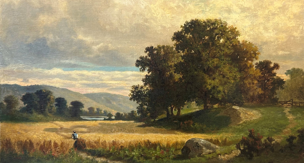 A painting of a landscape with a field under large trees and a cloudy sky.