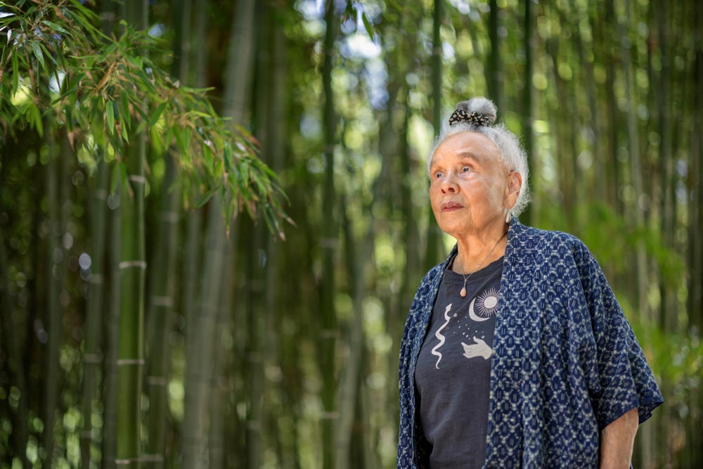 A person in a blue shirt looks toward the sky, standing in a green forest.