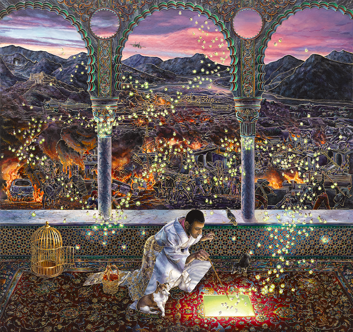 An enamel artwork featuring a person and a dog looking at a glowing square on an ornate carpet.