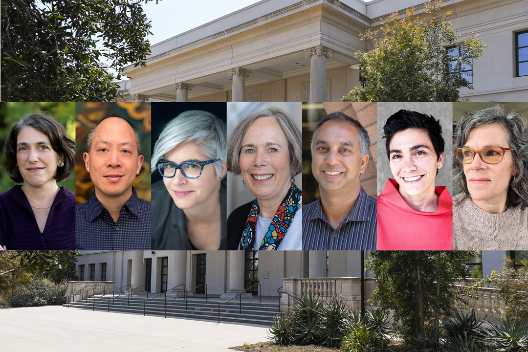 An image of a large white building and seven headshots of people.