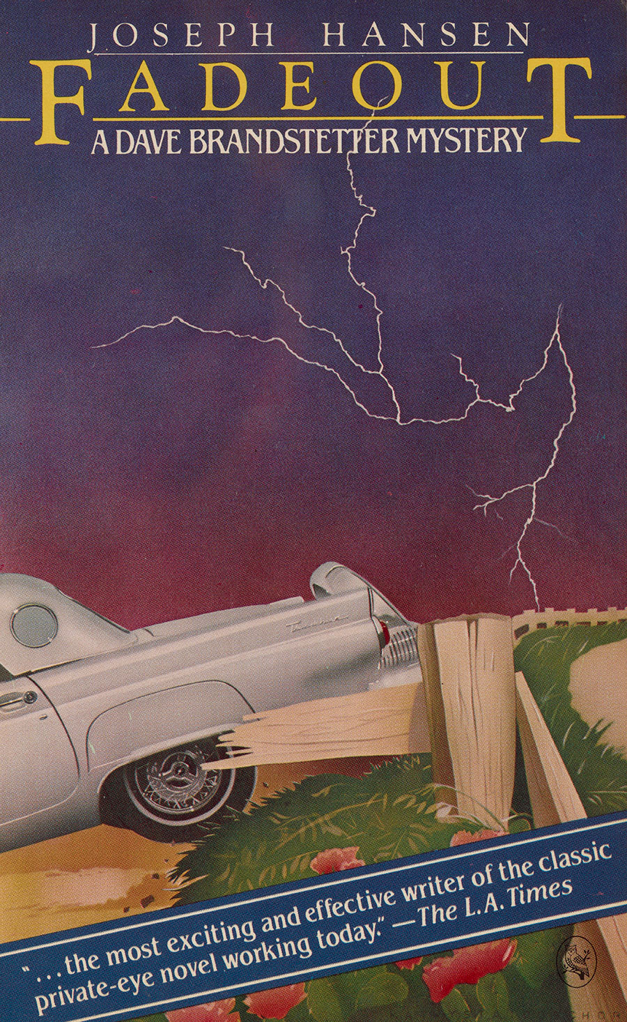 Book cover with a car crashed into a garden fence and lightning in a darkened sky.