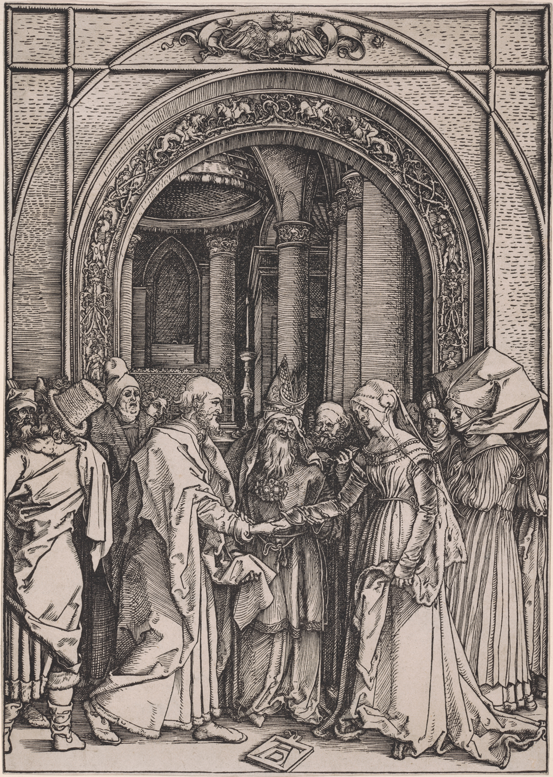 A woodcut depicting a wedding ceremony in front of an ornate arch.