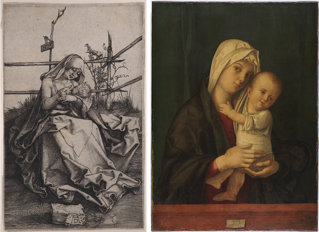 Two images of the Virgin Mary and Child: an engraving of the two seated outdoors (left) and a full-color oil painting of them indoors.