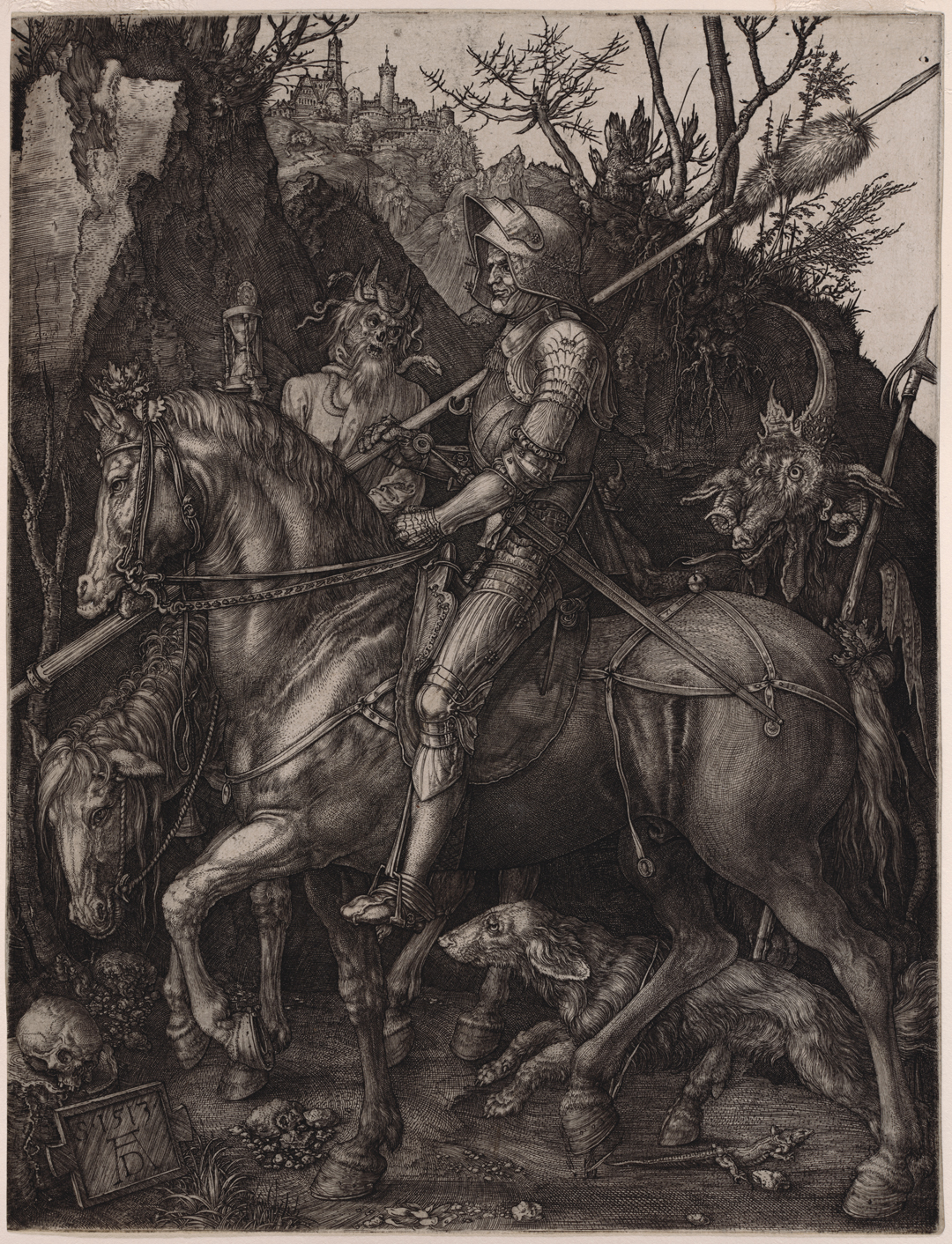 An engraving of a knight on a horse, with two figures in the background.