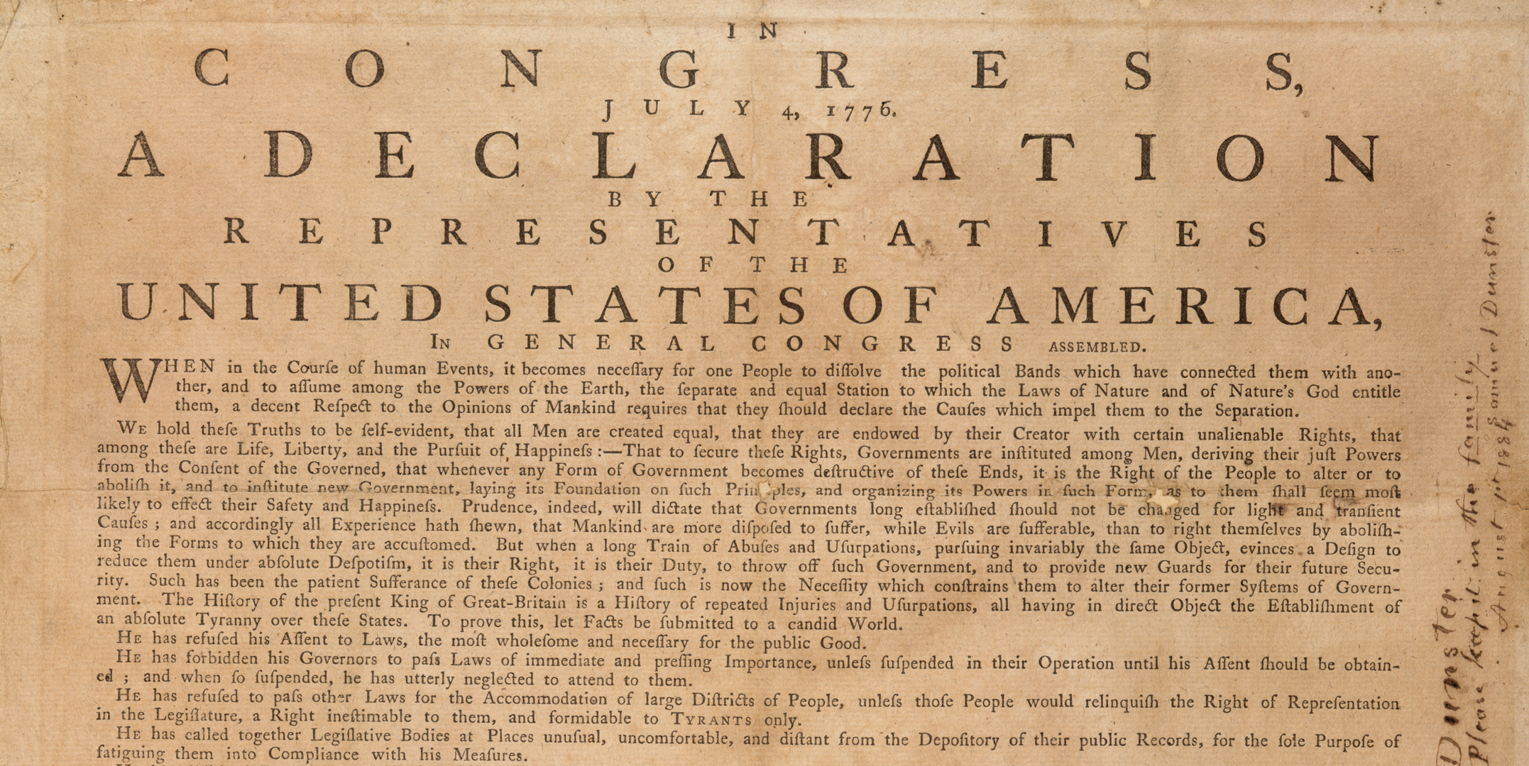 A tan paper with a title in large font that reads, “In Congress, July 4, 1776, a declaration by the representatives of the United States of America, in General Congress assembled.”