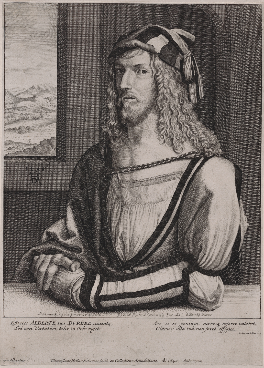 An engraving of a young man in medieval clothing with gloved hands clasped together.