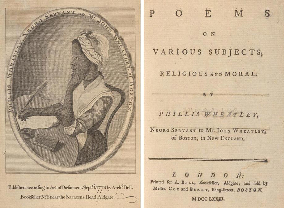 Illustration of Phillis Wheatley (left) and title page of “Poems on Various Subjects, Religious and Moral.”