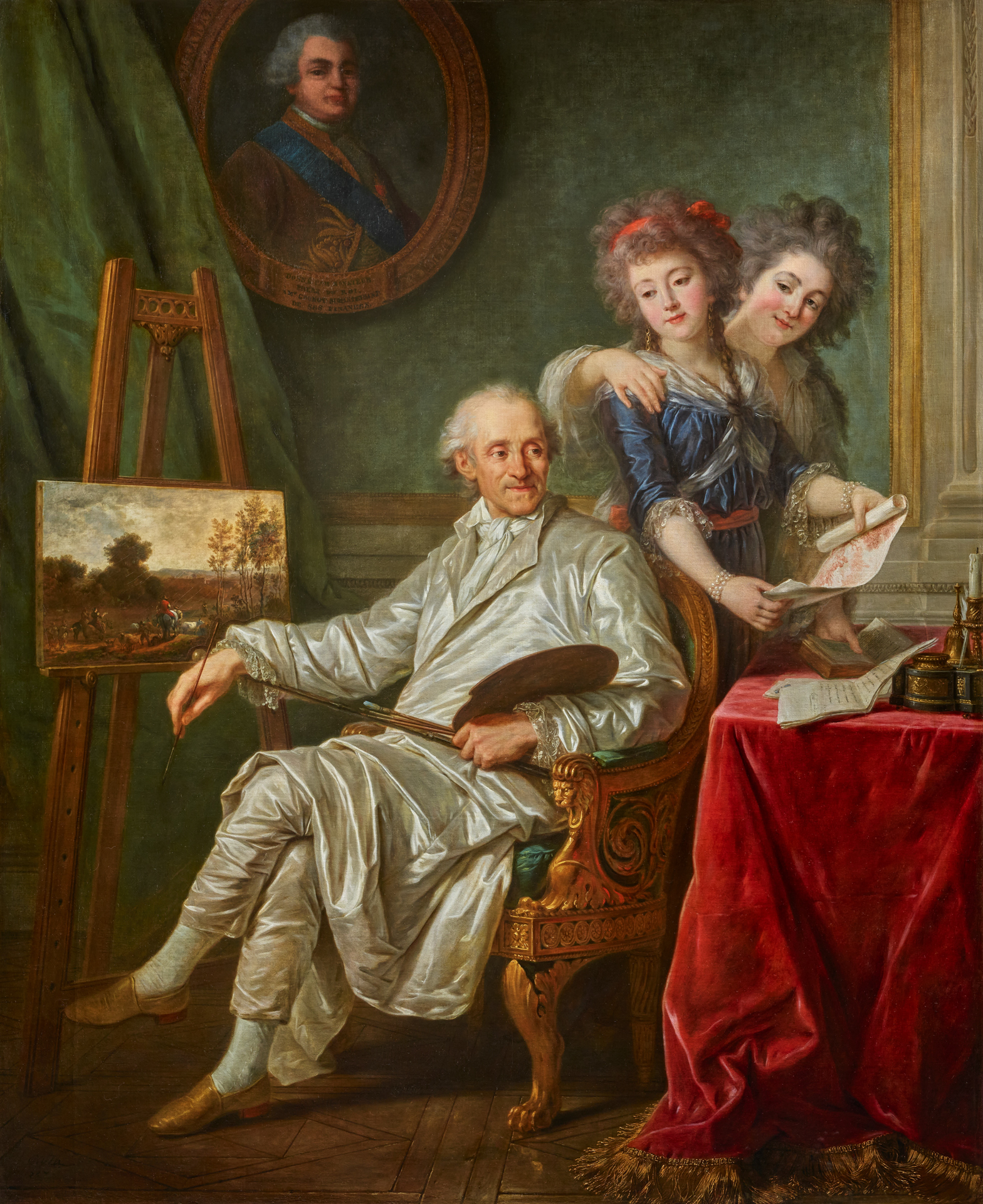 A painting of an older man wearing a white coat, seated near an easel. Behind him are two women, looking at a scroll.