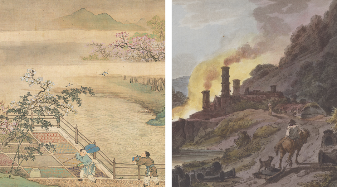 A Chinese painting of a garden near a body of water (left) and a painting of a factory on a hillside emitting smoke that mixes with clouds.