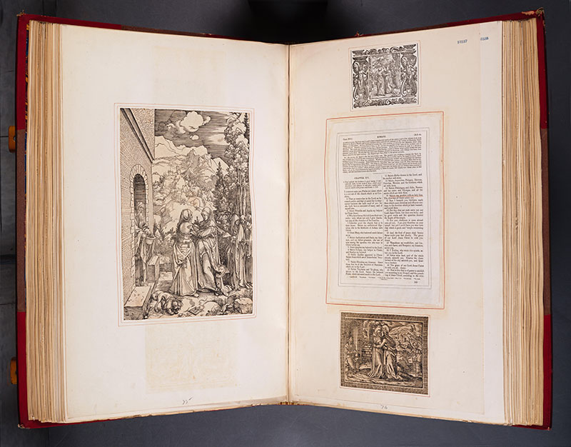 A Bible that is opened to two pages of text and illustrations.