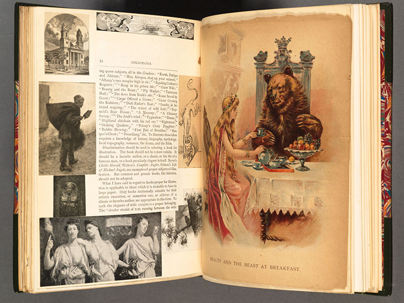 Open book with photos and illustrations.