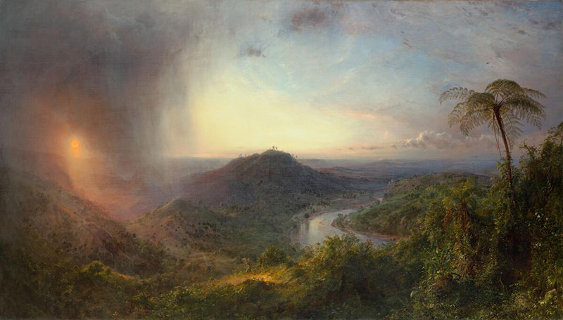 A colorful painting of a river and valley with wispy black clouds partially covering the sun.