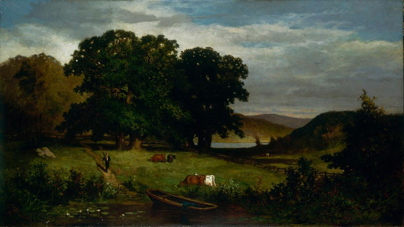 Painting of a person walking on a trail toward a small boat, with large oak trees, grazing cows, and tall mountains in the scenery.