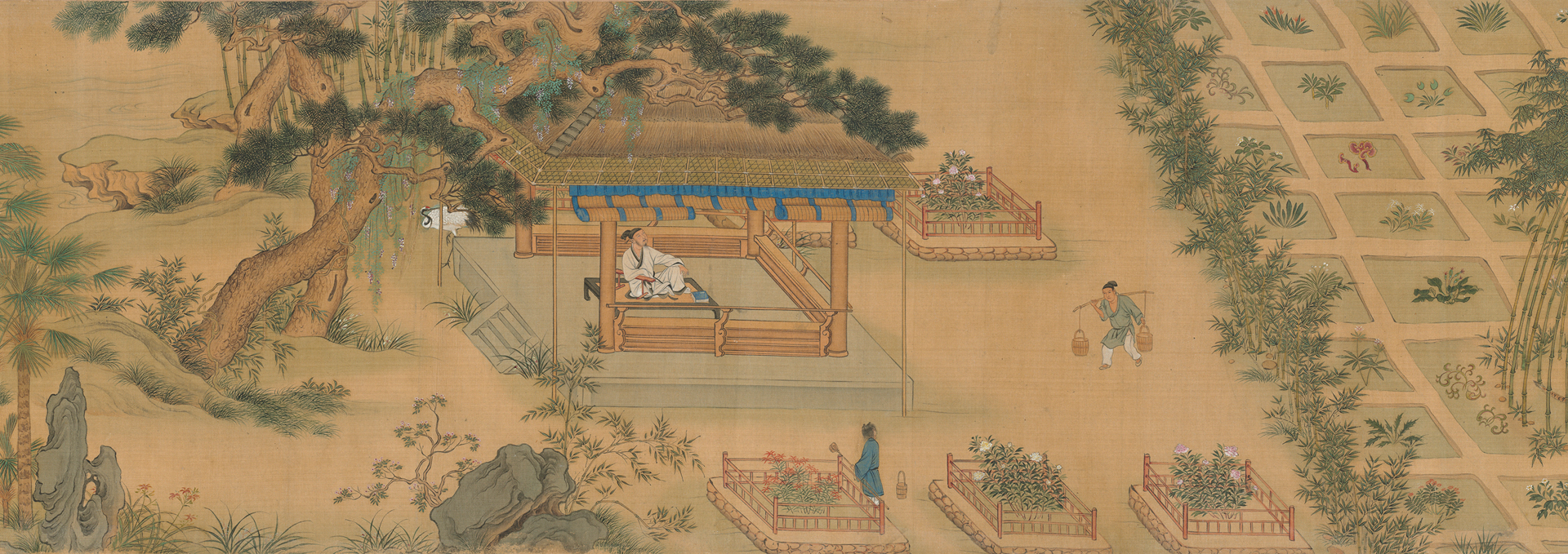 A chinese scroll painting of a garden with a shade structure and rows of plants.