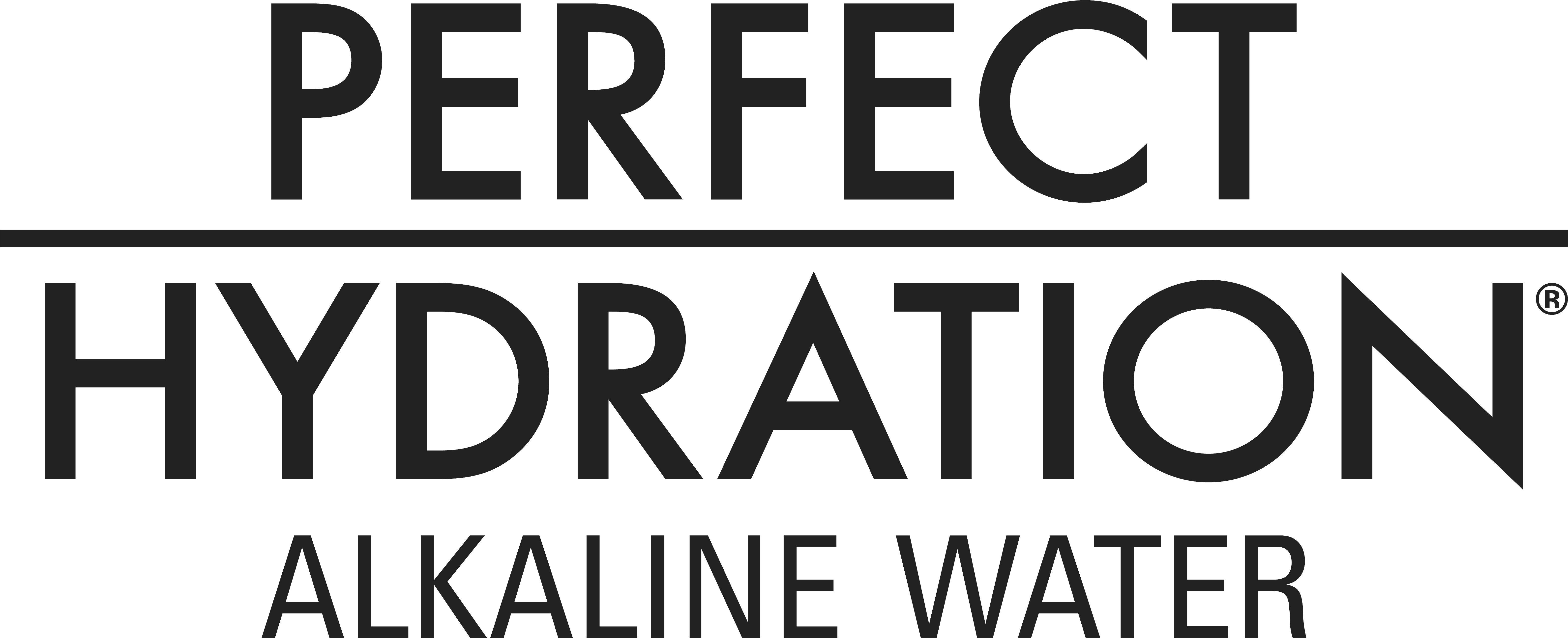 A black and white logo that reads "Perfect Hydration, Alkaline Water."