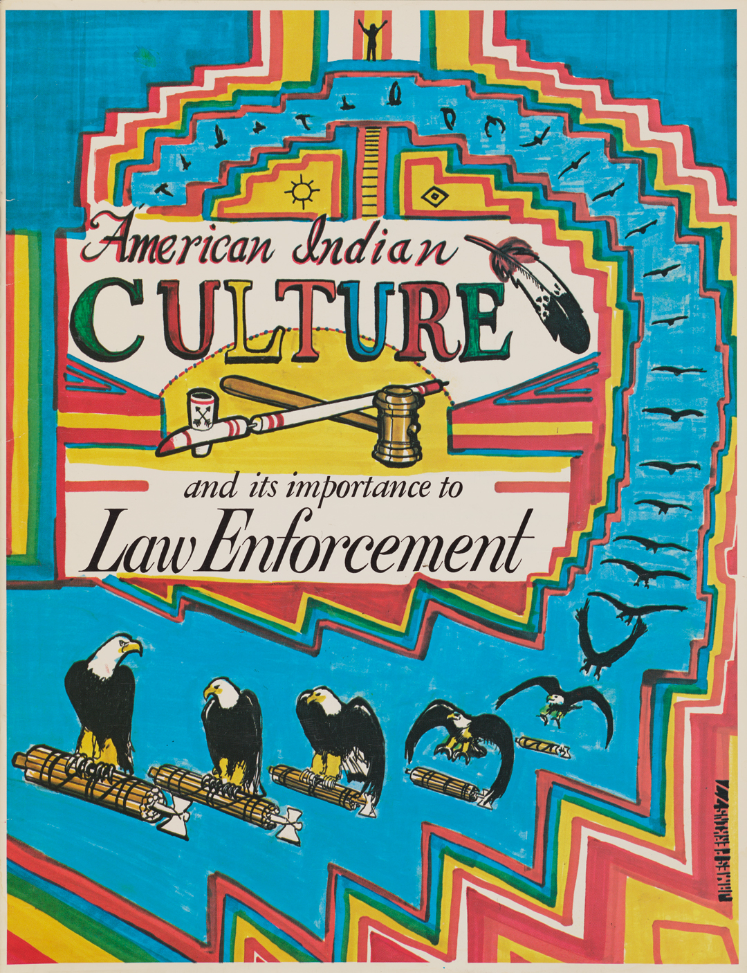 A colorful graphic depicting an eagle in various poses of flight and rest. The title reads: “American Indian Culture and Its Importance to Law Enforcement.”