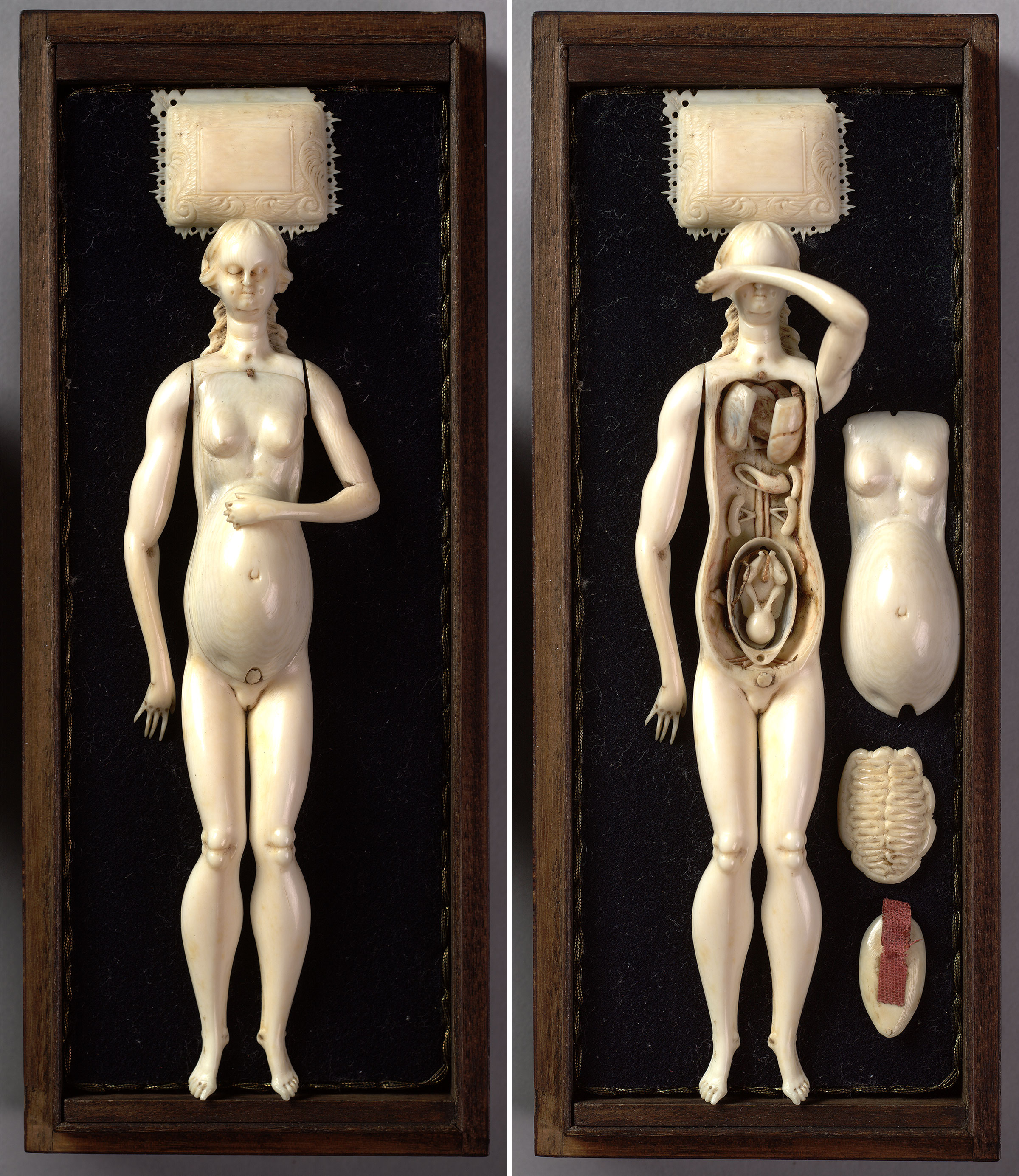 Side-by-side photos of a small wooden box holding an ivory figure of a woman (left) and the figure with anatomical body parts both inside and next to the body (right).