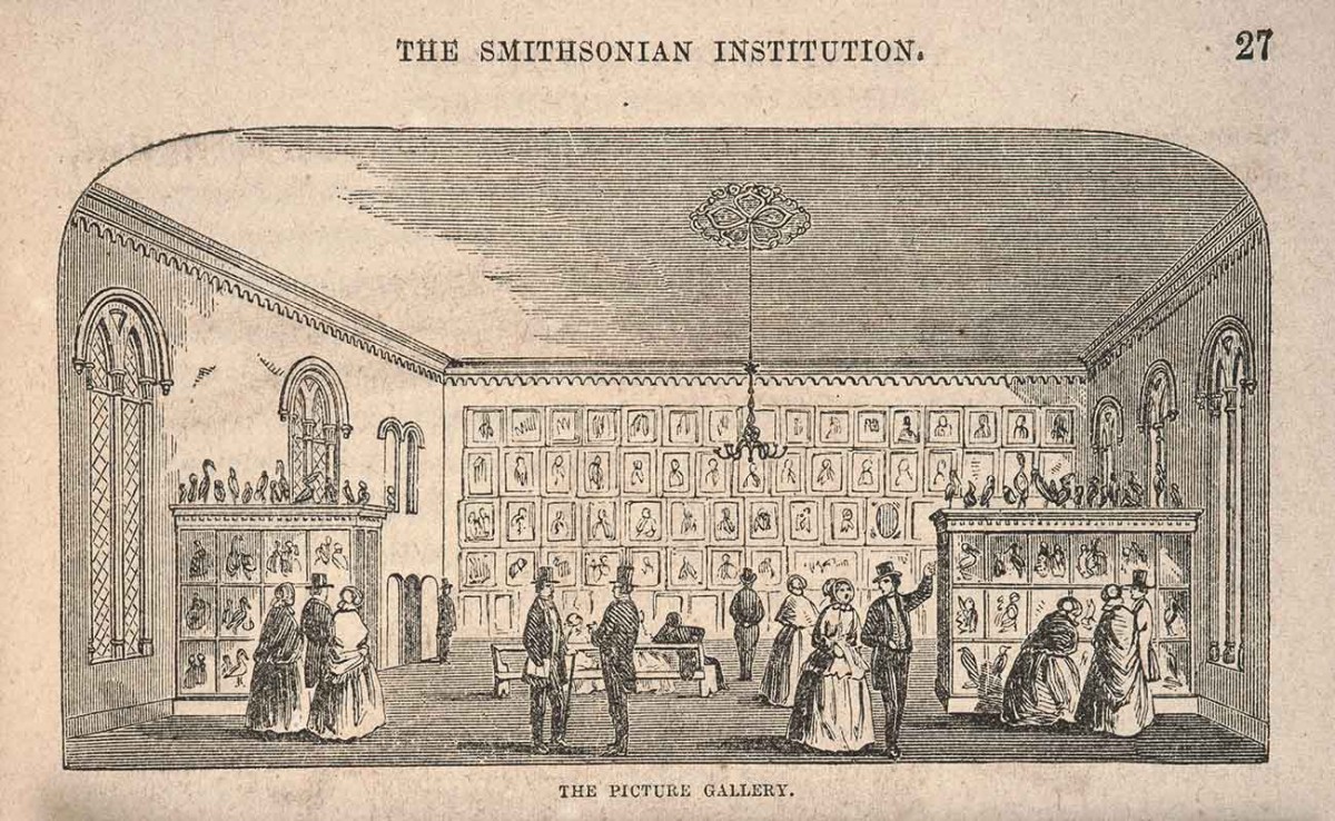 A black ink engraving print on tan parchment paper, depicting a large gallery filled with people and framed portraits on the wall, with the header "The Smithsonian Institution."