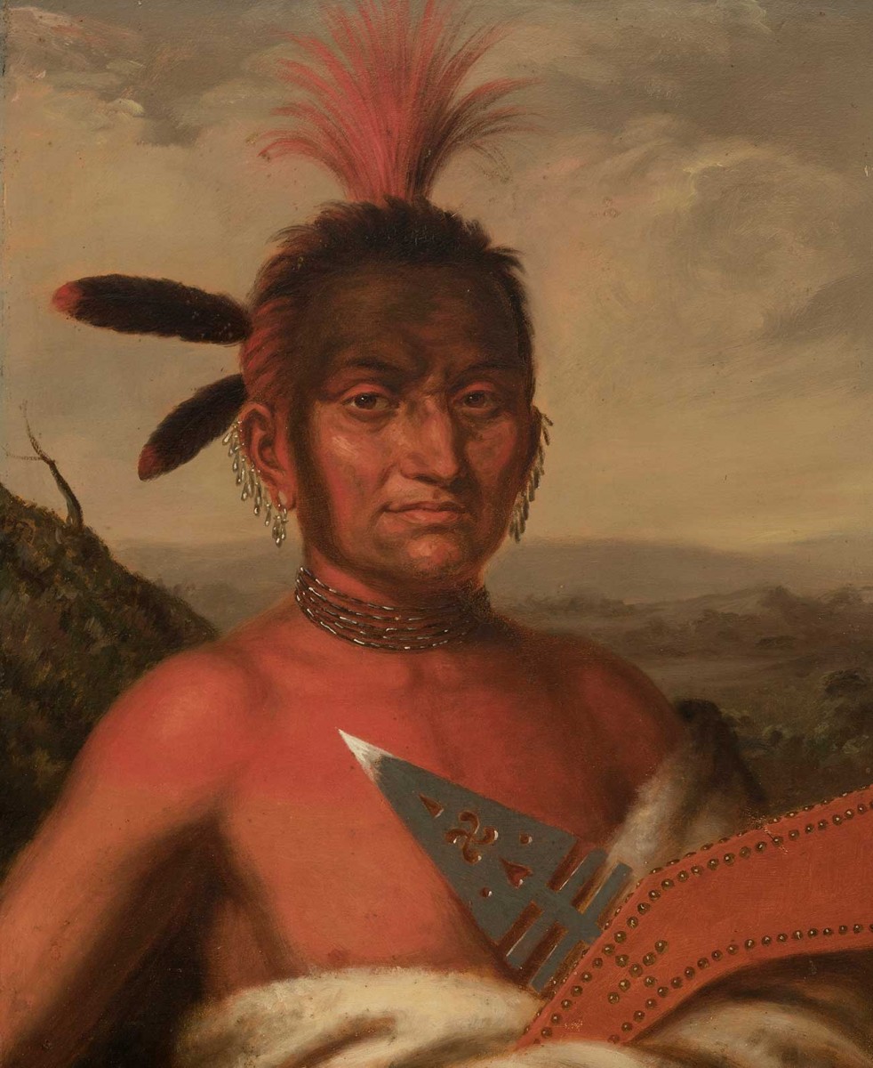 A painting of a native American chief, with a gunstock war club with pierced decoration on the iron blade, a tufted deerskin headdress, red-tipped feathers, silver and shell jewelry, and red and black body paint.