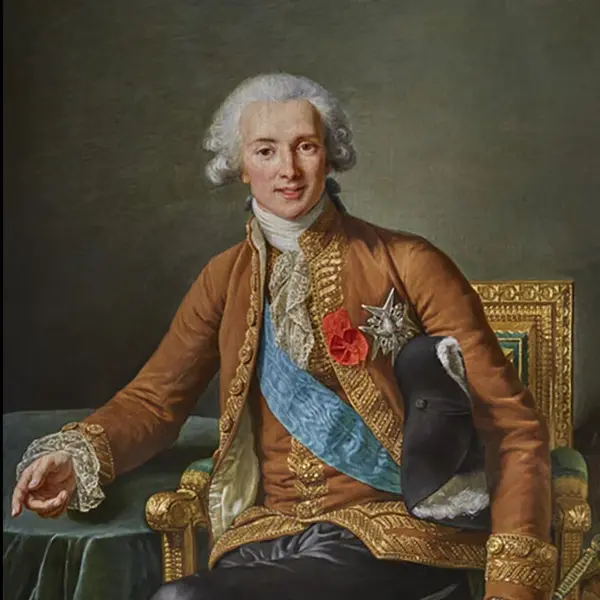 An 18th-century portrait of a French nobleman dressed in an ornate brown coat with gold braids, trim, and beads and white silk lining. A blue sash is draped underneath the open coat.