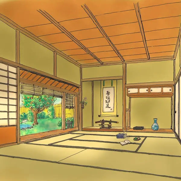 colored drawing of inside of Japanese house