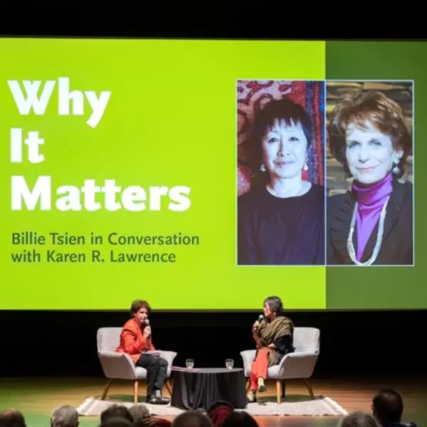 Karen R. Lawrence and Billie Tsien in conversation on a stage.