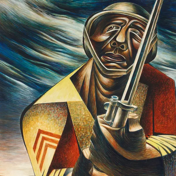 Art deco painting of a soldier grasping a gun, looking toward the sky.