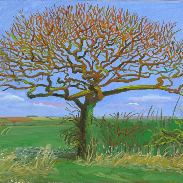 Painting of a bare tree, with many small branches, in a green field with a blue sky.