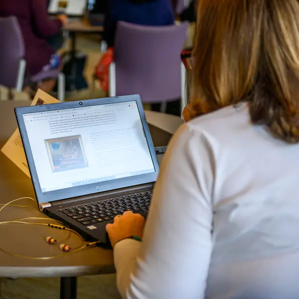 Over-the-shoulder view of a person sitting at a computer.