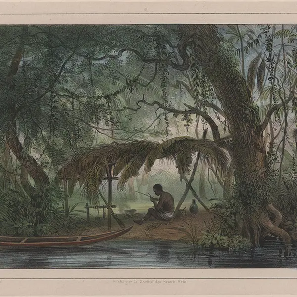 A painting of a man sitting under a tree canopy with a canoe on the shore next to him.