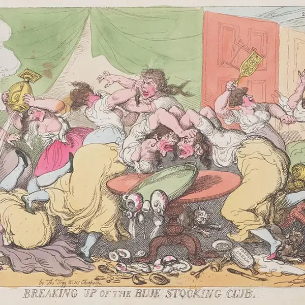 Etching of women fighting, knocking drinks, tables, and each other to the ground.