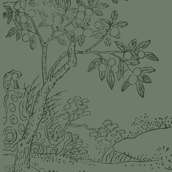 A green image with an illustration of a fruit tree in a garden.