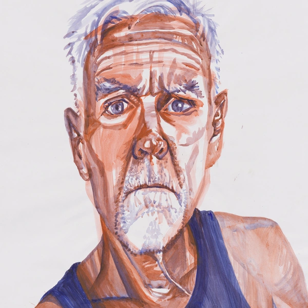 A painted portrait of a man with white hair wearing a blue tank top.