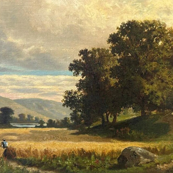 Painting of a person walking through a field of wheat with oak trees on a nearby hill.