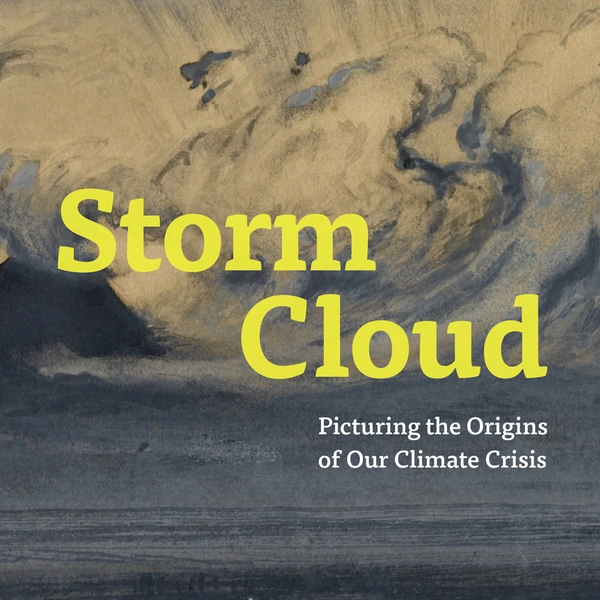 A book cover with a painting of clouds and text that reads "Storm Cloud, Picturing the Origins of Our Climate Crisis"