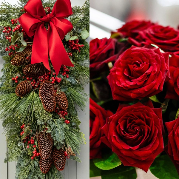 A composite image, on left a bundle of evergreen foliage, pinecones, and berries with a large red bow, on the right a closeup of blooming red roses.