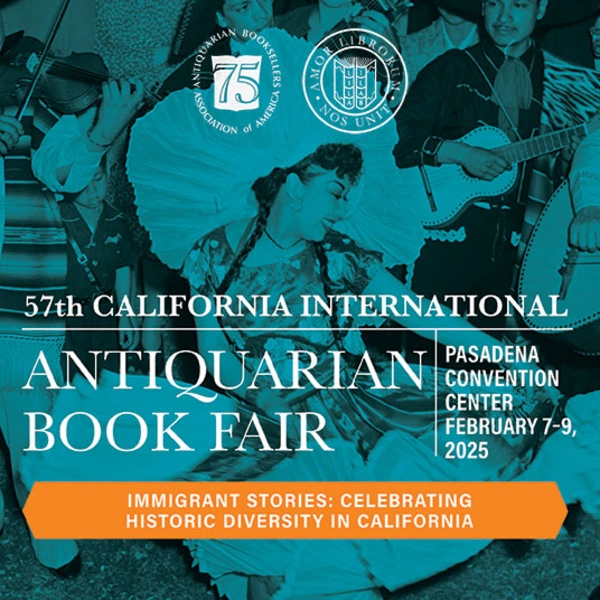 57th California International Antiquarian Book Fair information with a photograph of a dancer and musician in the background.