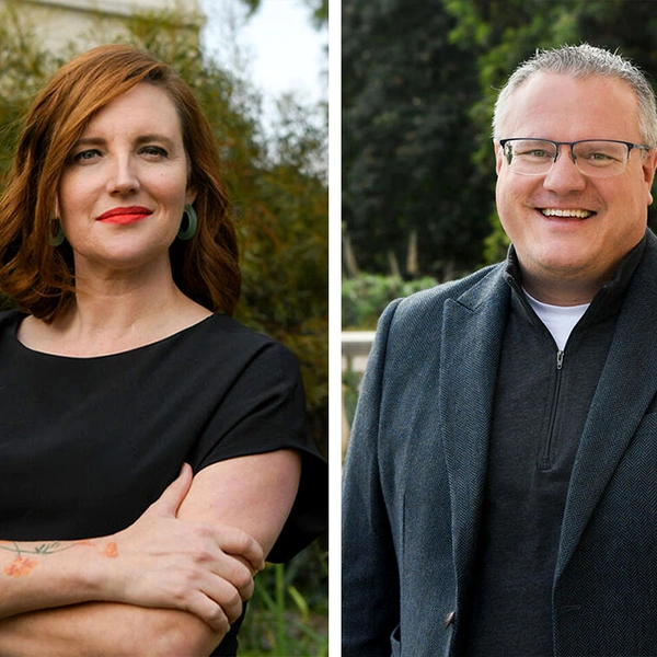 Side-by-side photos of two people smiling at the camera.