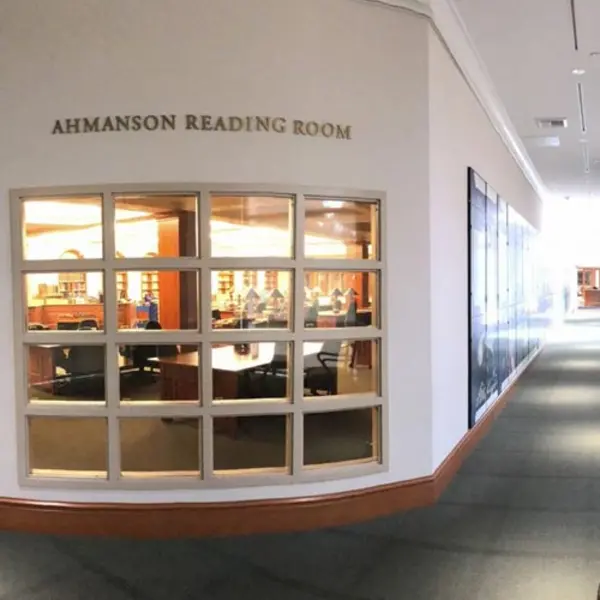 View into Ahmanson Reading Room from the hallway window