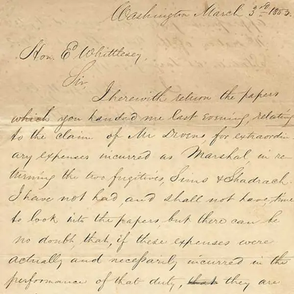 Millard Fillmore (1800–1874), first page of a letter to Elisha Whittlesey (1783–1863), First Comptroller of the United States Treasury, March 3, 1863. Denis L. Shapiro Collection. The Huntington Library, Art Museum, and Botanical Gardens. 