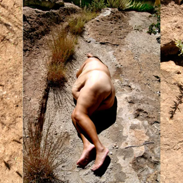 A composition of three photographs of a desert floor with photographer Laura Aguilar in the middle.