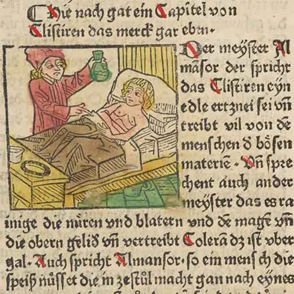 A physician attends to a bedridden patient and observes a flask of what is likely urine. Urinalysis was among the most common diagnostic tools of medieval medicine. Detail from Es spricht der Meÿster Almanasor, 1483, Augsburg. The Huntington Library, Art Museum, and Botanical Gardens.