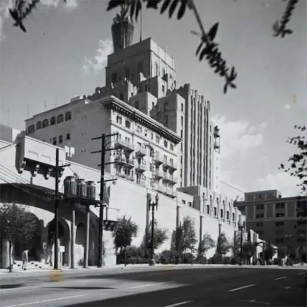 black and white photo of old library in downtown Los Angeles