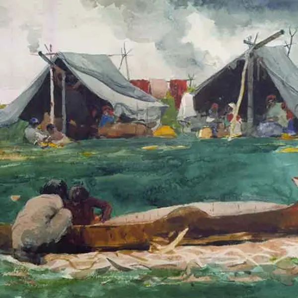 Indians making a canoe