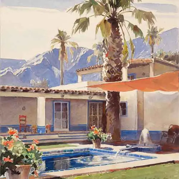 Watercolor painting of a house designed by Wallace Neff