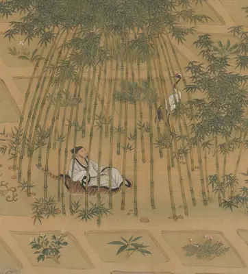 Detail view of a Chinese-style ink painting on silk depicting a person reclining in a bamboo grove, surrounded by a grid of cultivated plants.