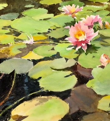 A watercolor painting of green lily pads and pink flowers.