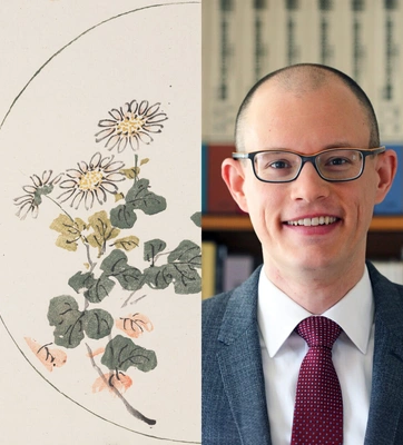 A composite image: An illustration of a flowering plant (left) and a smiling man wearing a suit (right).